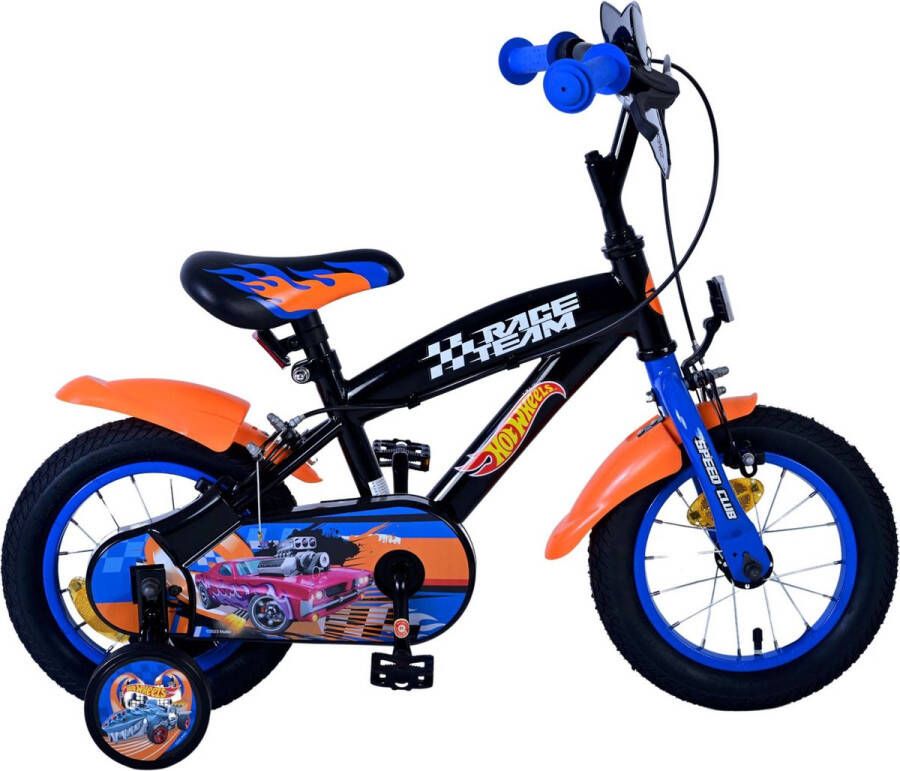 volare Hot Wheels Kinderfiets Jongens 12 inch Zwart Oranje Blauw Twee handremmen