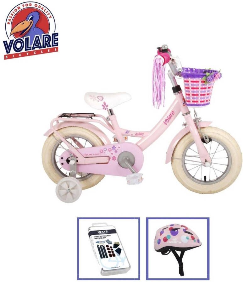 Volare Kinderfiets Ashley 12 inch Roze 95% afgemonteerd Inclusief fietshelm & accessoires