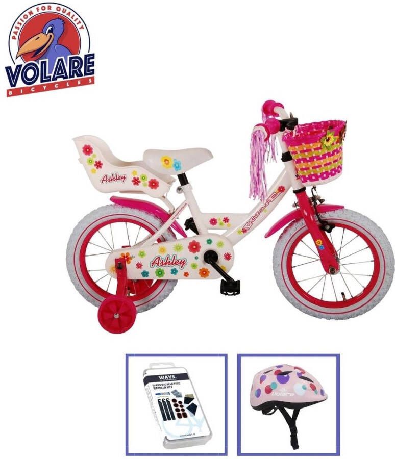 Volare Kinderfiets Ashley 14 inch Rood Wit Inclusief fietshelm & accessoires