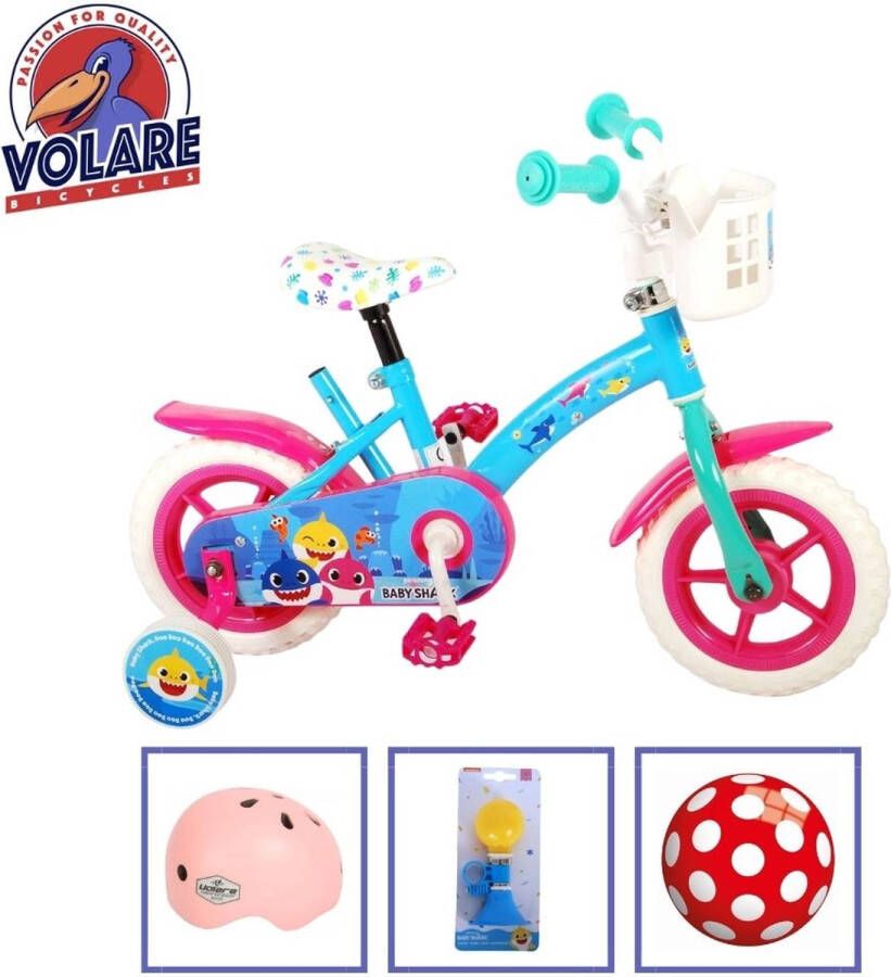 Volare Kinderfiets Baby Shark 10 inch Roze Blauw Doortrapper Met fietshelm & accessoires
