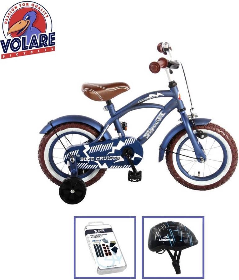 Volare Kinderfiets Blue Cruiser 12 inch Blauw Met fietshelm & accessoires
