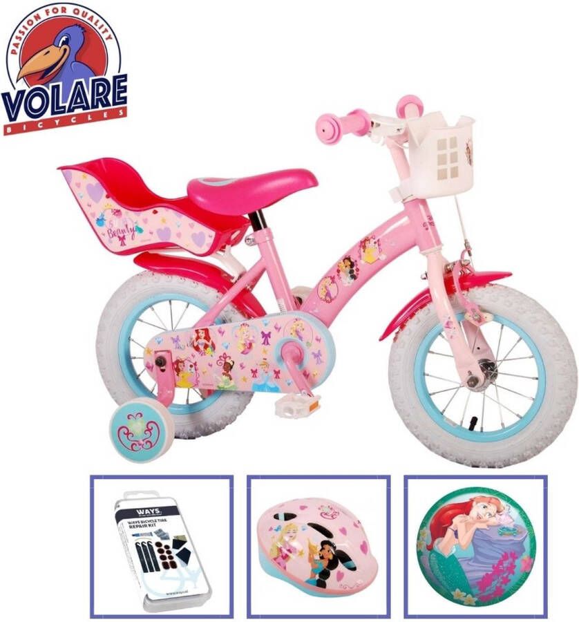 volare Kinderfiets Disney Princess 12 inch Roze Met fietshelm en accessoires