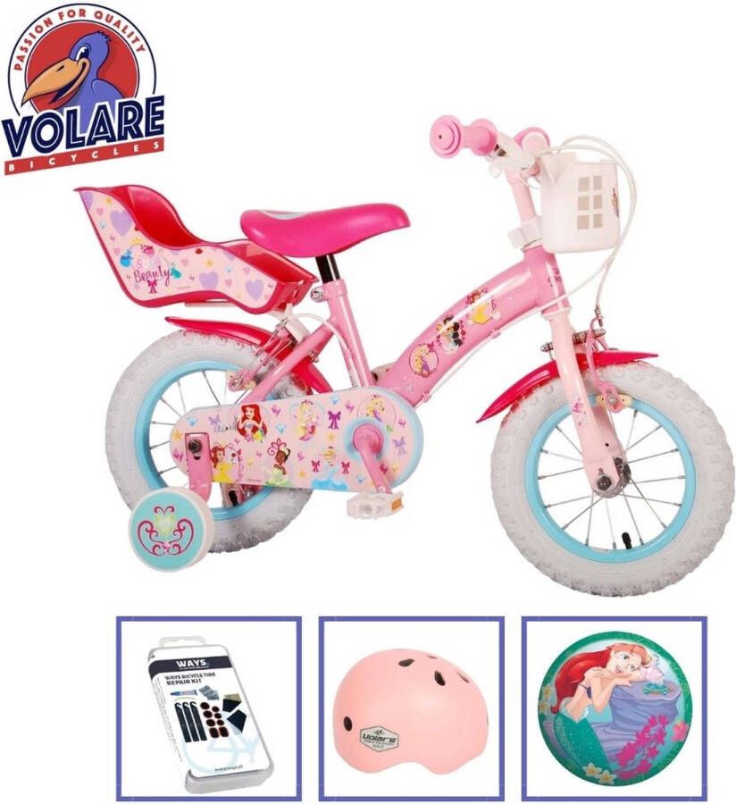 Volare Kinderfiets Disney Princess 12 inch Roze Twee handremmen Met fietshelm + accessoires