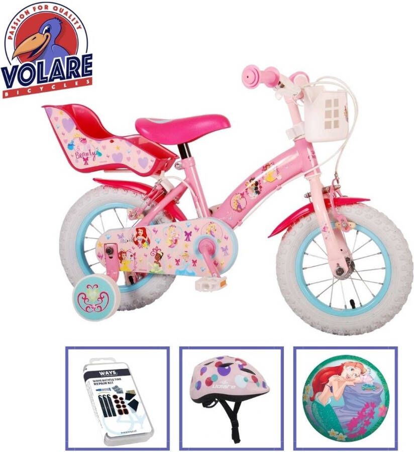 volare Kinderfiets Disney Princess 12 inch Roze Twee handremmen Met fietshelm & accessoires