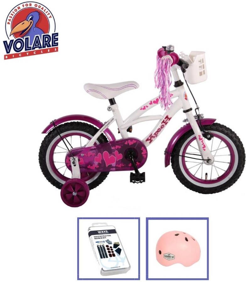 volare Kinderfiets Heart Cruiser 12 inch Wit Paars Inclusief fietshelm + accessoires