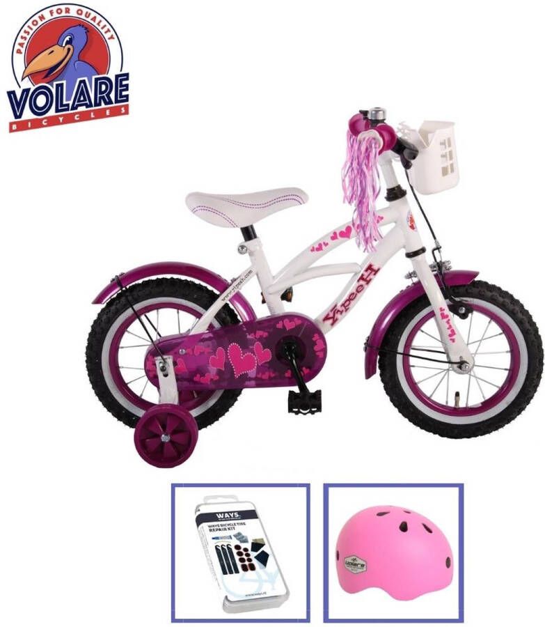 Volare Kinderfiets Heart Cruiser 12 inch Wit Paars Met fietshelm & accessoires