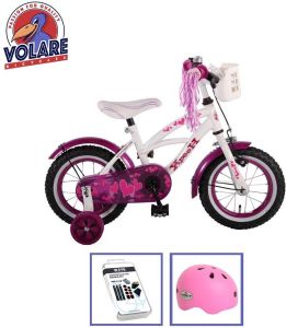 Volare Kinderfiets Heart Cruiser 12 inch Wit Paars Met fietshelm & accessoires