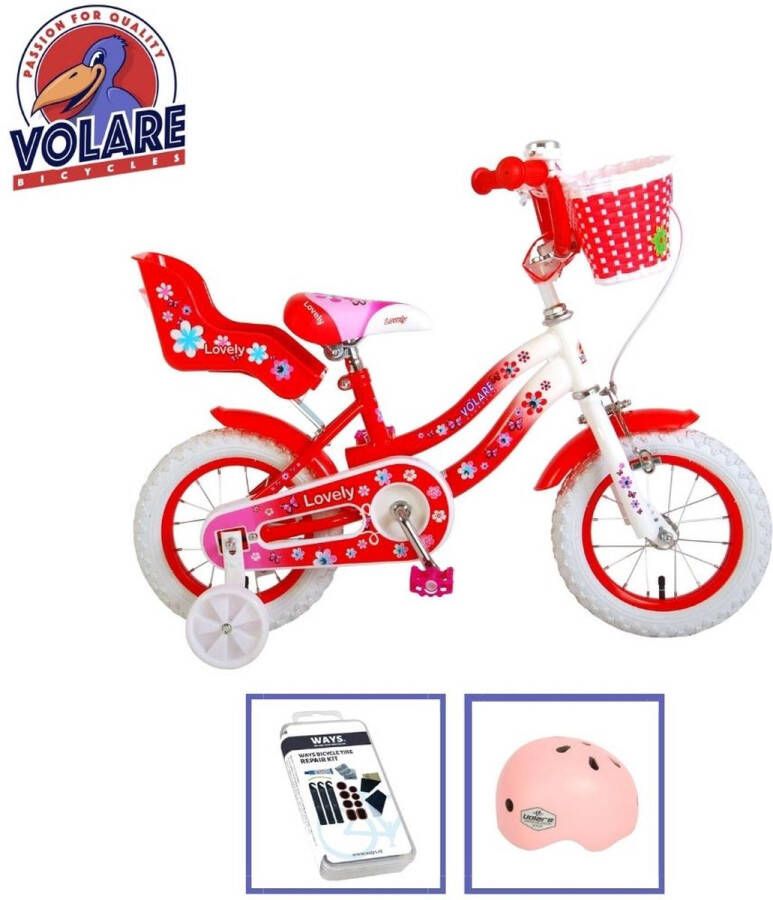 Volare Kinderfiets Lovely 12 inch Rood Wit Inclusief fietshelm + accessoires