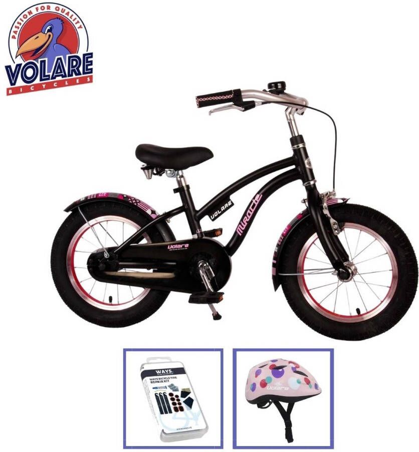 Volare Kinderfiets Miracle Cruiser 14 inch Mat Zwart Inclusief fietshelm & accessoires