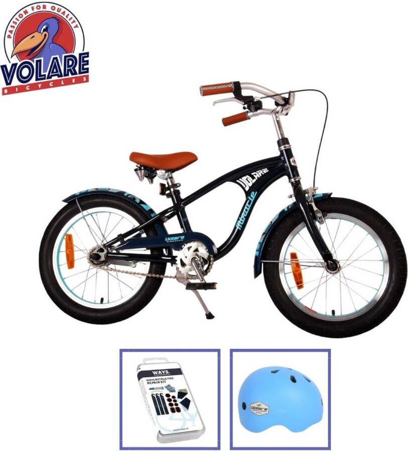 Volare Kinderfiets Miracle Cruiser 16 inch Mat Blauw Inclusief fietshelm & accessoires