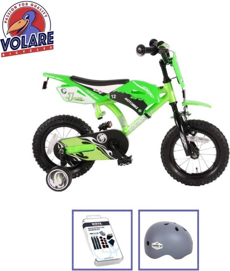 Volare Kinderfiets Motorbike 12 inch Groen Inclusief fietshelm + accessoires