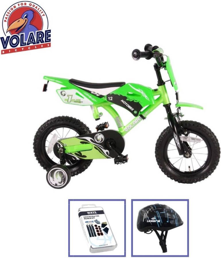 Volare Kinderfiets Motorbike 12 inch Groen Met fietshelm & accessoires