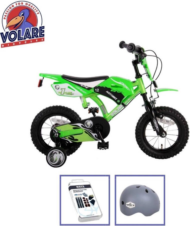 Volare Kinderfiets Motorbike 12 inch Groen Twee handrem Inclusief fietshelm + accessoires