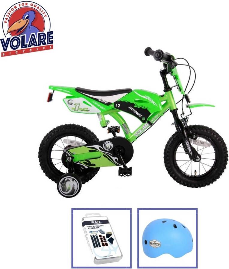 Volare Kinderfiets Motorbike 12 inch Groen Twee handrem Inclusief fietshelm & accessoires