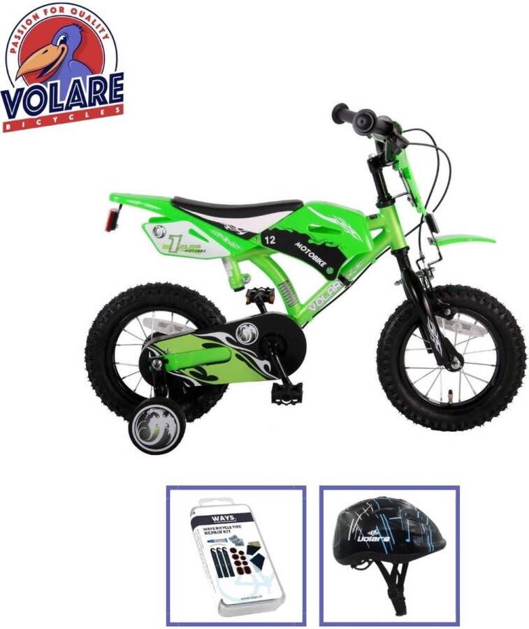 Volare Kinderfiets Motorbike 12 inch Groen Twee handrem Met fietshelm & accessoires