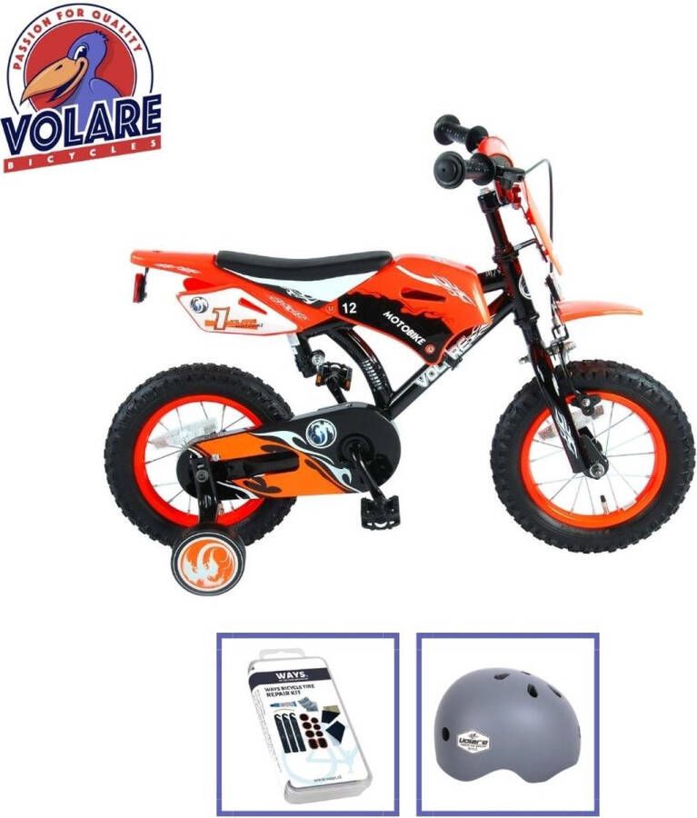 Volare Kinderfiets Motorbike 12 inch Oranje Inclusief fietshelm + accessoires