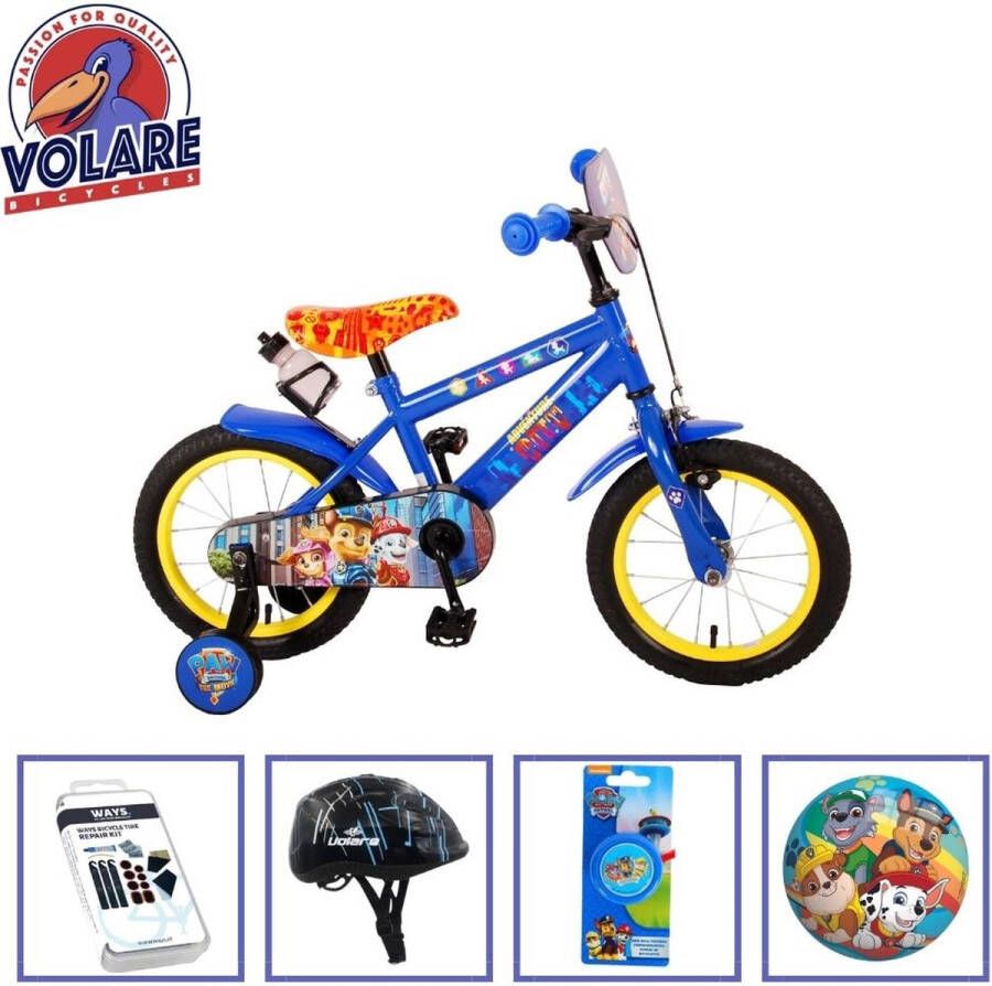 Volare Kinderfiets Paw Patrol 14 inch Blauw Met bidonhouder Inclusief fietshelm + accessoires
