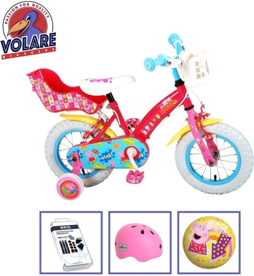 Volare Kinderfiets Peppa Pig 12 inch Roze Twee handremmen Met fietshelm + accessoires