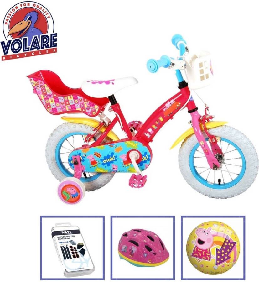 Volare Kinderfiets Peppa Pig 12 inch Roze Twee handremmen Met fietshelm en accessoires