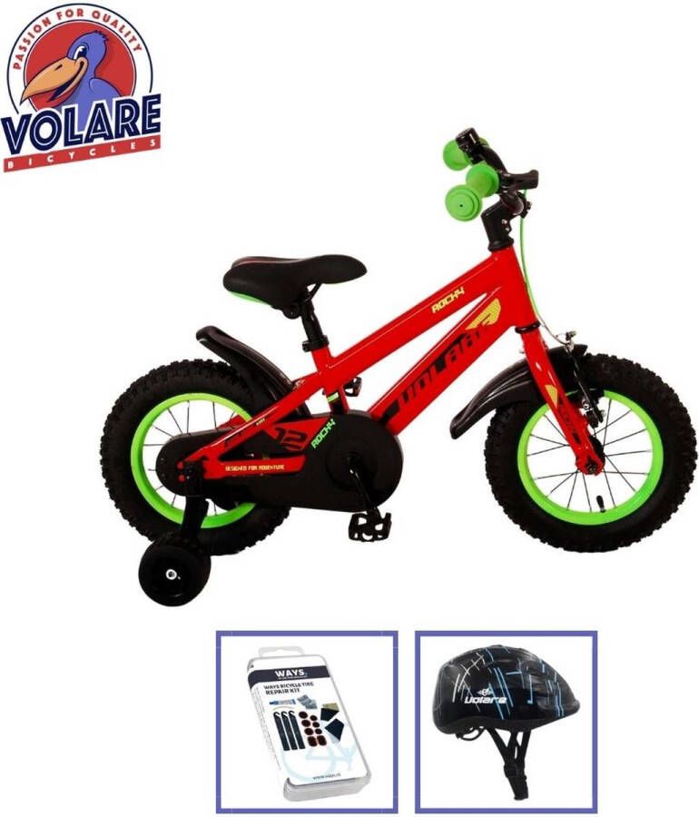Volare Kinderfiets Rocky 12 inch Rood Groen Met fietshelm & accessoires