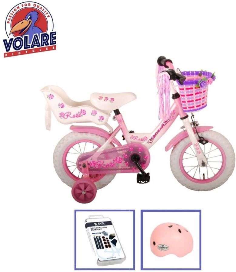 Volare Kinderfiets Rose 12 inch Roze Wit Inclusief fietshelm + accessoires