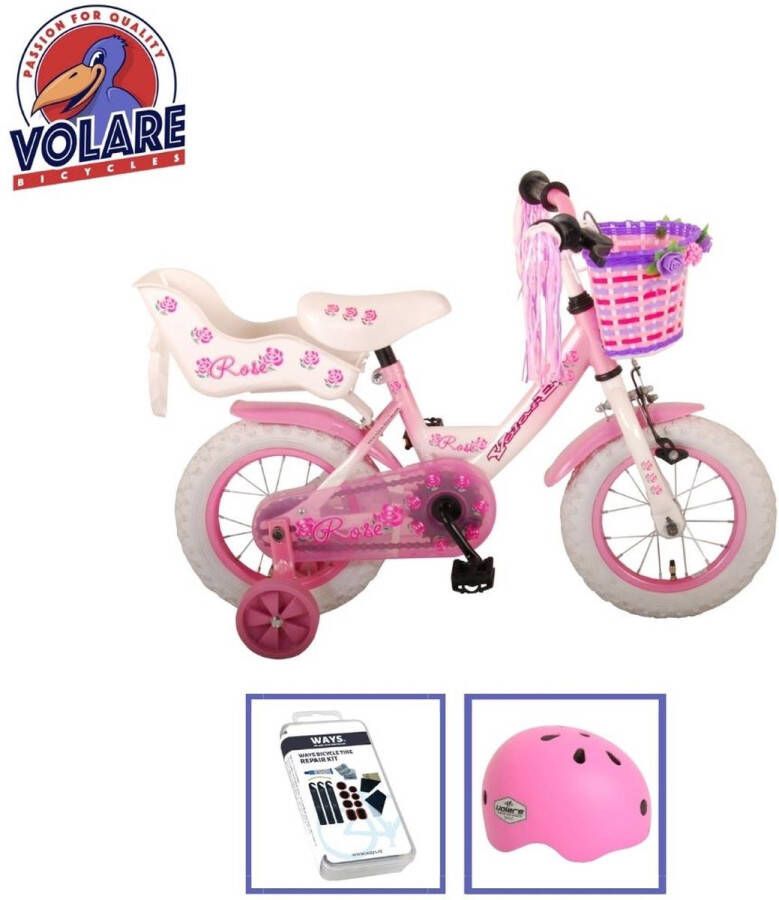 Volare Kinderfiets Rose 12 inch Roze Wit Met fietshelm & accessoires