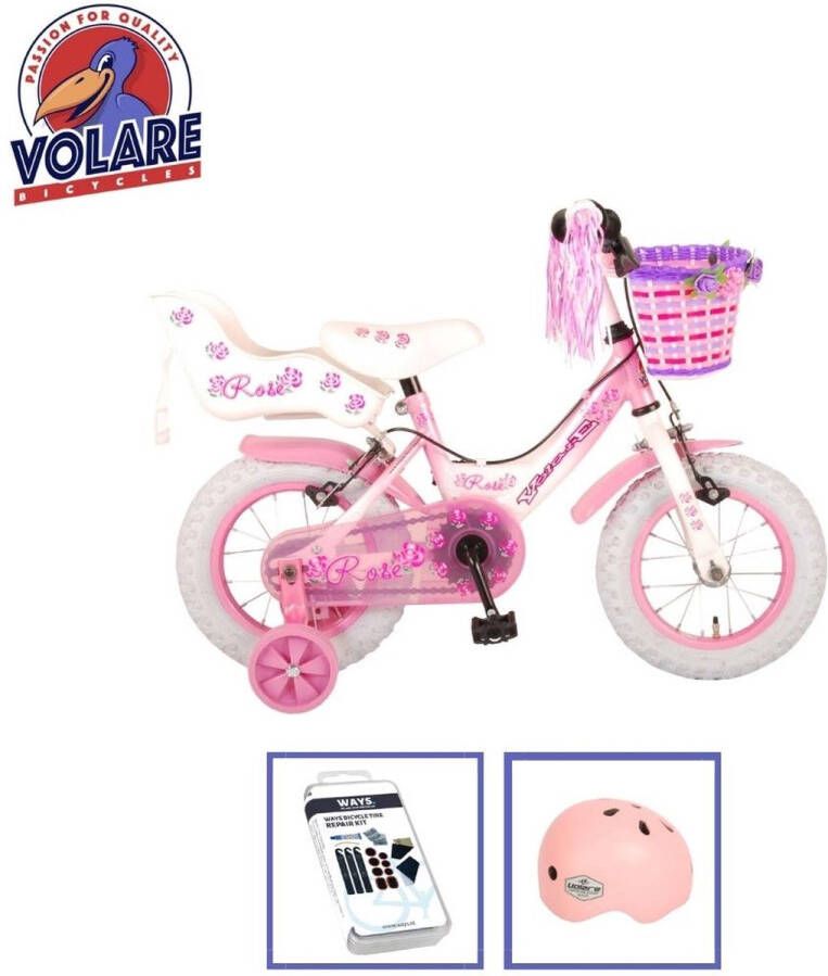 Volare Kinderfiets Rose 12 inch Roze Wit Twee handremmen Inclusief fietshelm + accessoires
