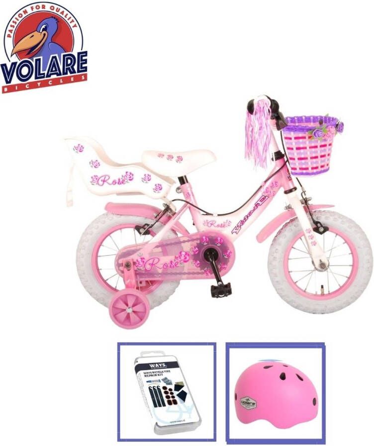 Volare Kinderfiets Rose 12 inch Roze Wit Twee handremmen Met fietshelm & accessoires