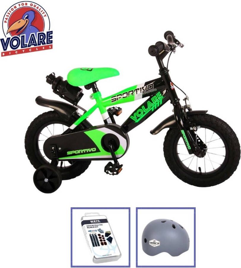 Volare Kinderfiets Sportivo 12 inch Groen Zwart Inclusief fietshelm + accessoires