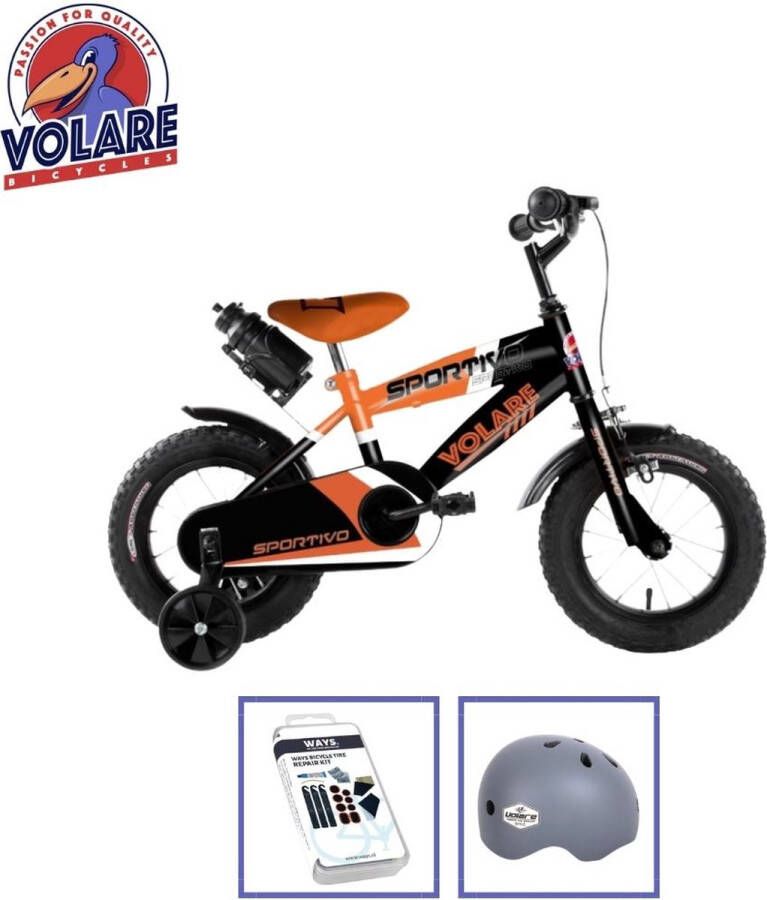 Volare Kinderfiets Sportivo 12 inch Oranje Zwart Inclusief fietshelm + accessoires