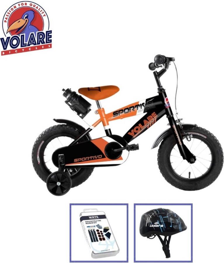 Volare Kinderfiets Sportivo 12 inch Oranje Zwart Met fietshelm & accessoires