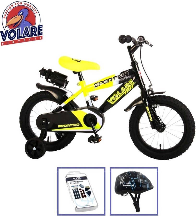 Volare Kinderfiets Sportivo 14 inch Geel Zwart Met fietshelm & accessoires