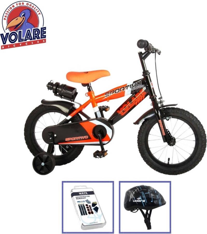 Volare Kinderfiets Sportivo 14 inch Oranje Zwart Met fietshelm & accessoires