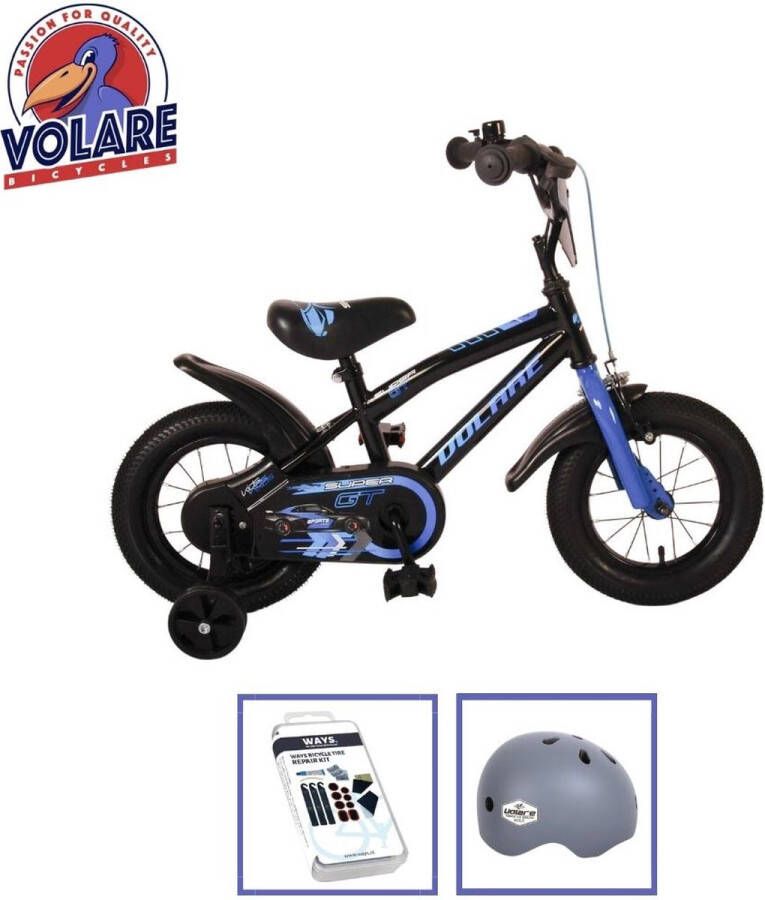 Volare Kinderfiets Super GT 12 inch Blauw Inclusief fietshelm + accessoires