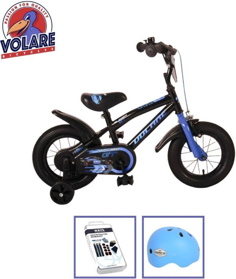 Volare Kinderfiets Super GT 12 inch Blauw Inclusief fietshelm & accessoires