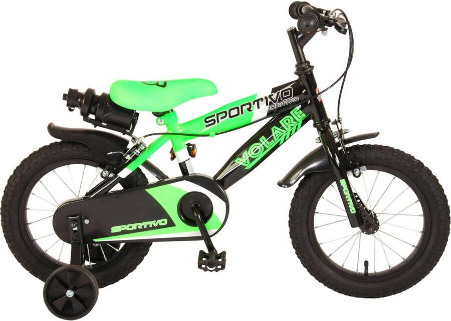 Volare Sportivo Kinderfiets Jongens 14 inch Neon Groen Zwart Twee Handremmen 95% afgemonteerd