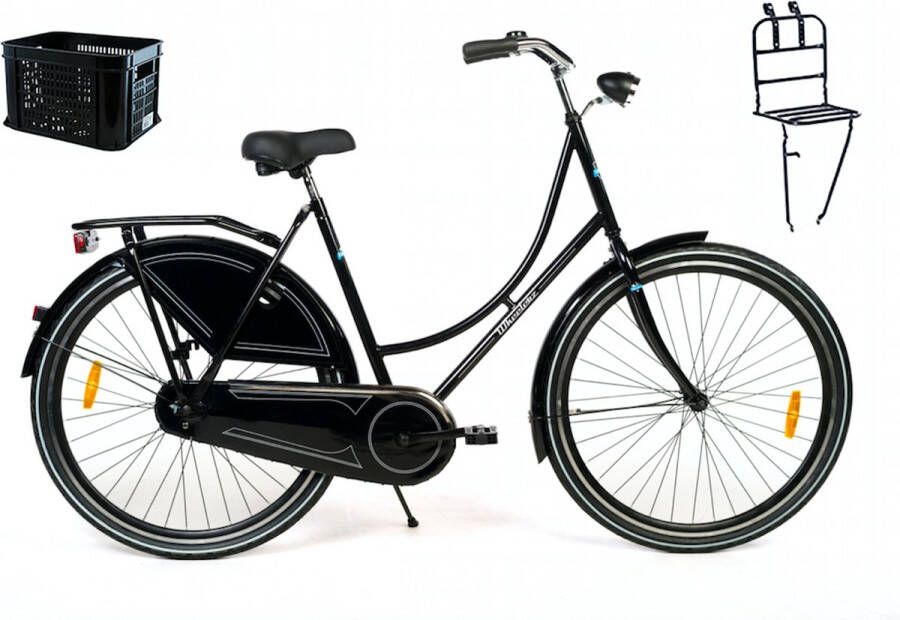 Wheelerz .nl omafiets 28 inch 53cm zwart incl voordrager & krat rijklaar