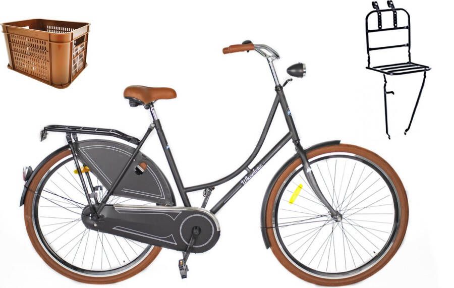 Wheelerz .nl omafiets 28 matzwart met rek en krat 100% RIJKLAAR GELEVERD