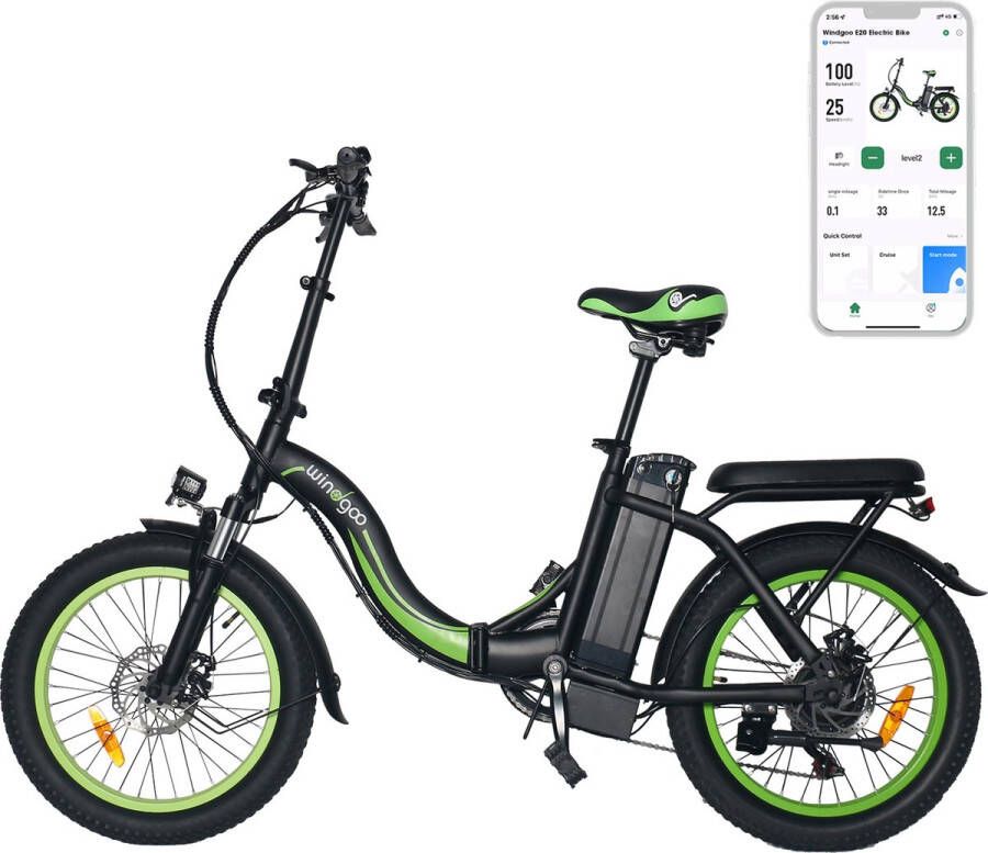 Windgoo E20 Urban Elektrische Fiets E-bike 20 Inch Fattire 12.5Ah APP Bluetooth Groen Zwart