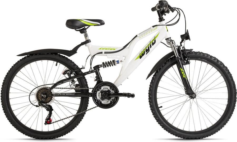 WYLD Fiets kinder mountainbike Fully ATB 24'' Zodiac wit-groen 18 versnellingen RH 38 cm wit 38 cm
