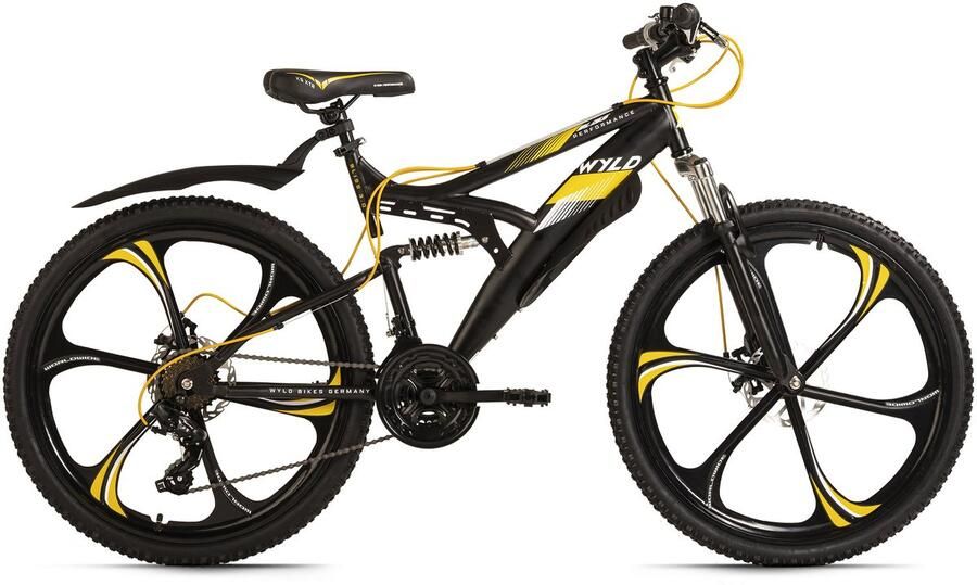 WYLD Mountainbike Fully 26'' Bliss zwart-geel 21 versnellingen framemaat 47 cm magnesium wielen