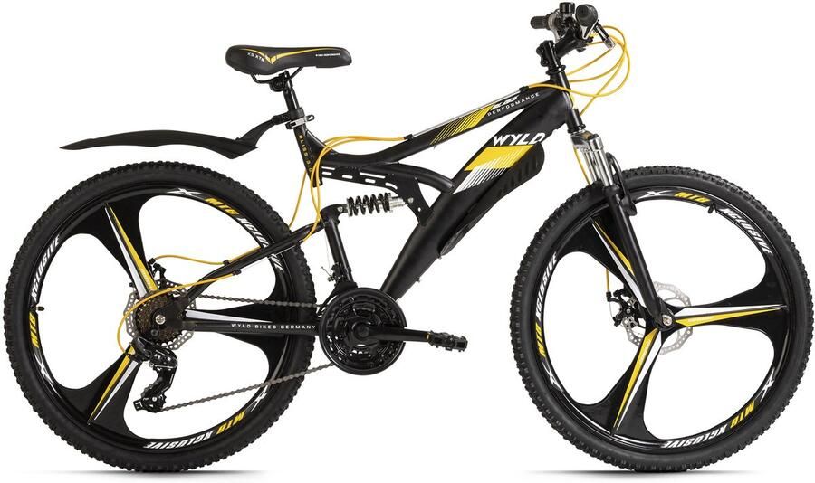 WYLD Mountainbike Fully 26'' Bliss zwart-geel 21 versnellingen framemaat 47 cm magnesium wielen
