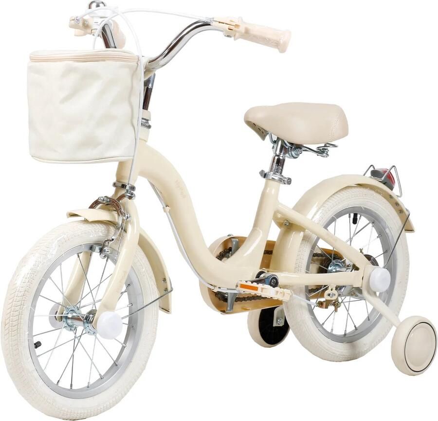 Yar Biky Meisjesfiets – 14 inch – Kinderfiets met Zijwielen & Stuurtas – Beige