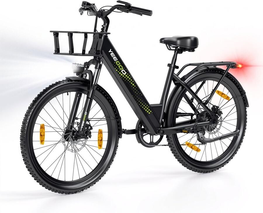 YEE GOO Elektrische Fiets 36V 13Ah Afneembare accu Stadsfiets 250W Motor 7 Versnellingen Maximale snelheid 25 km h Draagvermogen 150 kg 26 Inch Banden Actieradius 40–70 km Voorvering Zwart