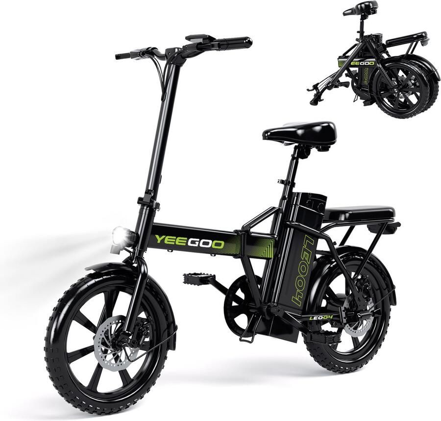 YEE GOO Elektrische fiets Elektrische Vouwfiets Opvouwbare fiets 250 W Motor 36V10.4AH Batterij Verwijderbare Accu Max. Snelheid 25 km u 30-45 km Actieradius 16″ Banden Dubbele Schijfrem geschikt voor woon-werkverkeer Zwart