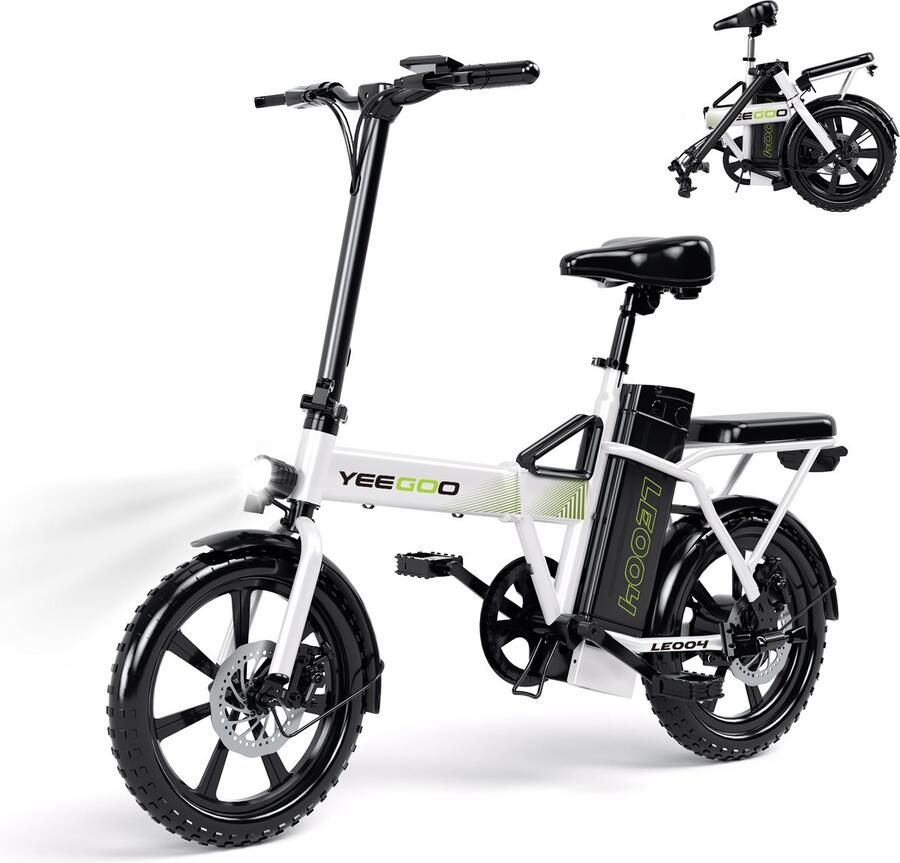 YEE GOO Elektrische fiets Elektrische Vouwfiets Opvouwbare fiets 250 W Motor 36V10.4AH Batterij Verwijderbare Accu Max. Snelheid 25 km u 30-45 km Actieradius 16″ Banden Dubbele Schijfrem geschikt voor woon-werkverkeer Wit