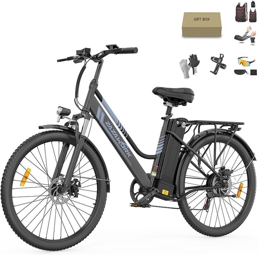 Zazawork C26 PRO Elektrische fiets 26 inches Max 25km u 250W motor -Tot 100-120 km Met Fiets Geschenkset -Zwart