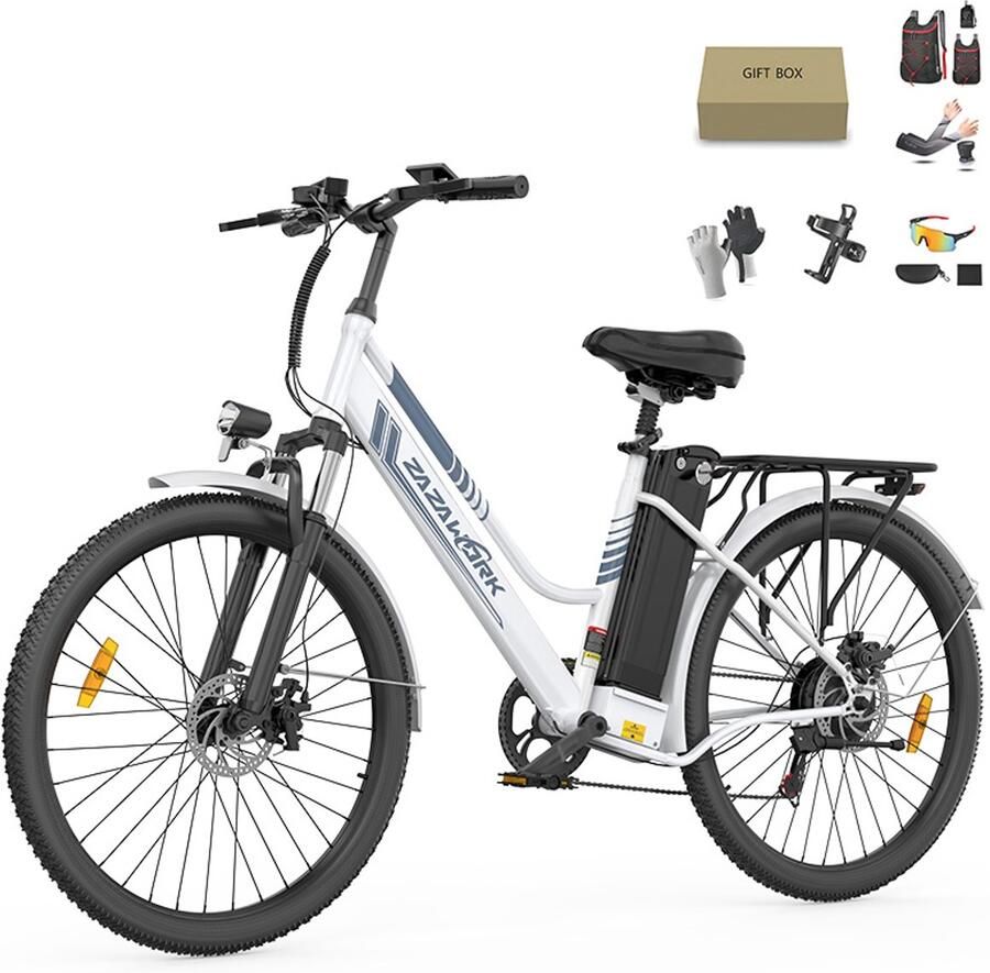 Zazawork C26 PRO Elektrische fiets 26 inches Max 25km u 250W motor -Tot 100-120 km Met Fiets Geschenkset Wit