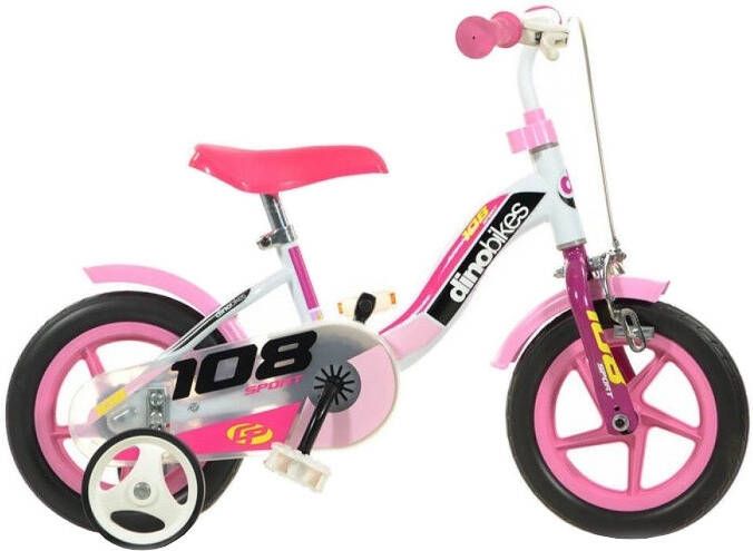 Dino 108 Sport Kinderfiets 10 Inch Roze Wit Meisjesfiets Met Zijwieltjes Geschikt van 1 tot 3 Jaar 85-100cm