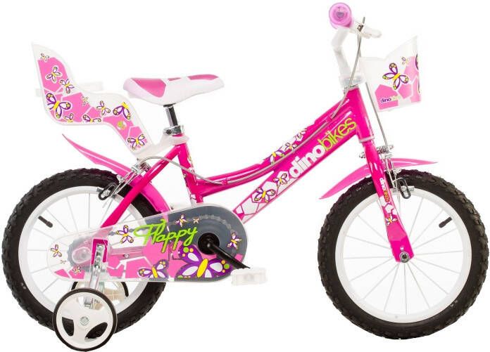Dino Happy Kinderfiets 16 Inch Roze Meisjesfiets Met Zijwieltjes Geschikt voor 4 tot 6 Jaar 103-118 cm